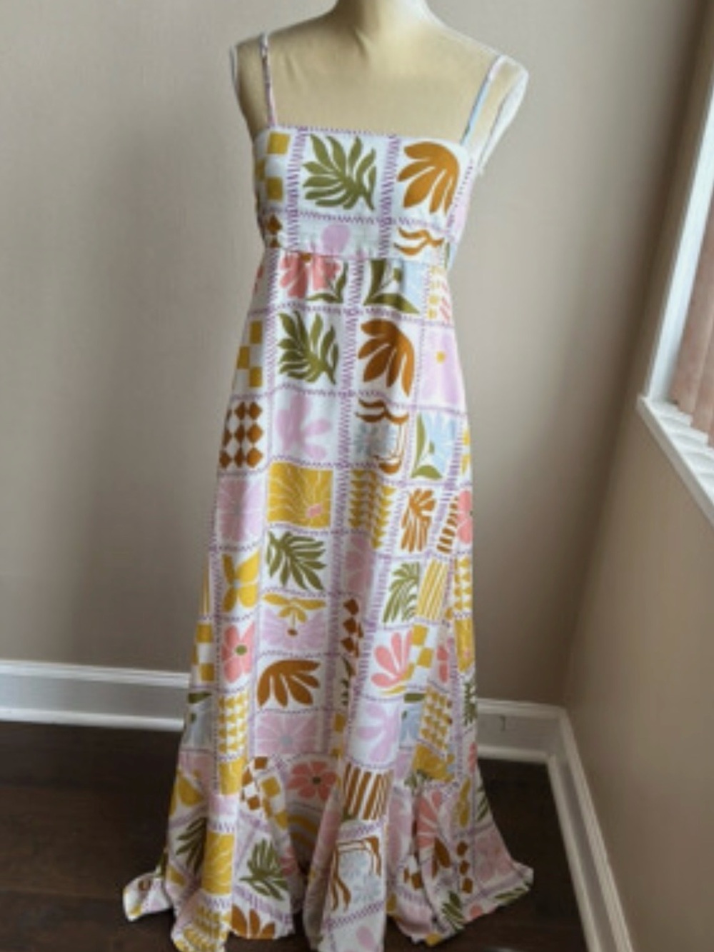 Anthropologie Paper Heart Pink, Yellow & Olive Green Patchwork Maxi Dress